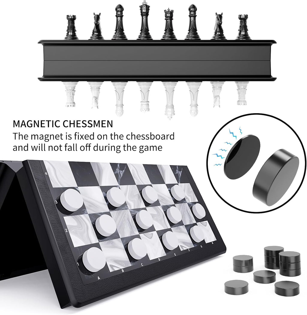 2-in-1 Chess Set and Magnetic Checkers Set - Foldable 13-inch Travel Board Game, Durable Plastic, Puzzle and Strategy Toys for Kids and Adults