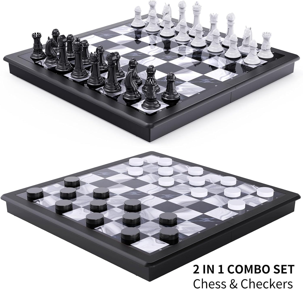 2-in-1 Chess Set and Magnetic Checkers Set - Foldable 13-inch Travel Board Game, Durable Plastic, Puzzle and Strategy Toys for Kids and Adults