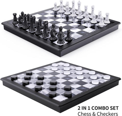 2-in-1 Chess Set and Magnetic Checkers Set - Foldable 13-inch Travel Board Game, Durable Plastic, Puzzle and Strategy Toys for Kids and Adults