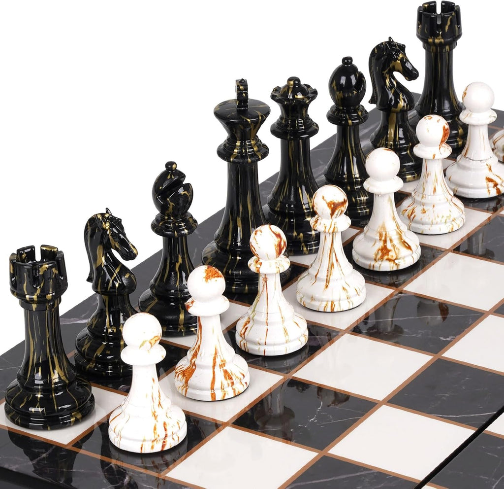 15" Large Chess Set for Adults with Weighted Acrylic Chess Pieces 3.5" King & Portable Folding Marbling Wooden Chess Board Travel Chess Sets Family Board Game Gift – Elegant Classic Chess Game