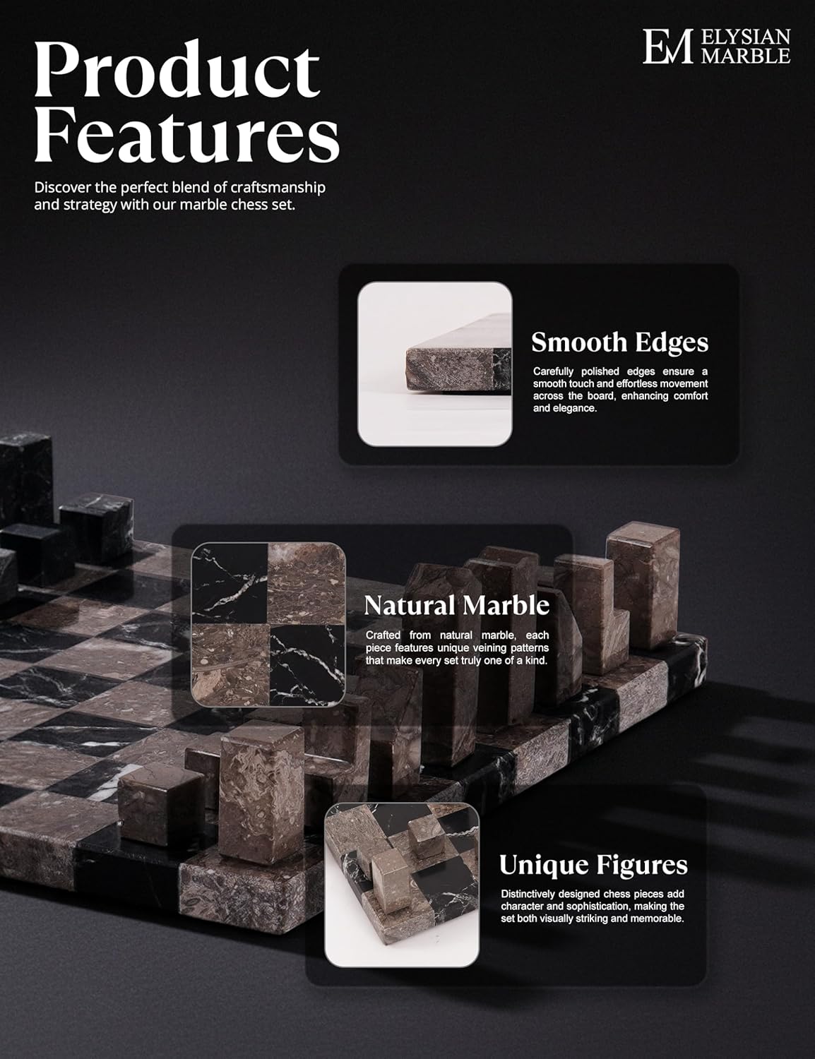 Modern Chess Set – Handcrafted Borderless Marble Chess Board with Minimalist Geometric Pieces, Luxury Decorative Chess Game for Coffee Table, Home Décor & Gifts