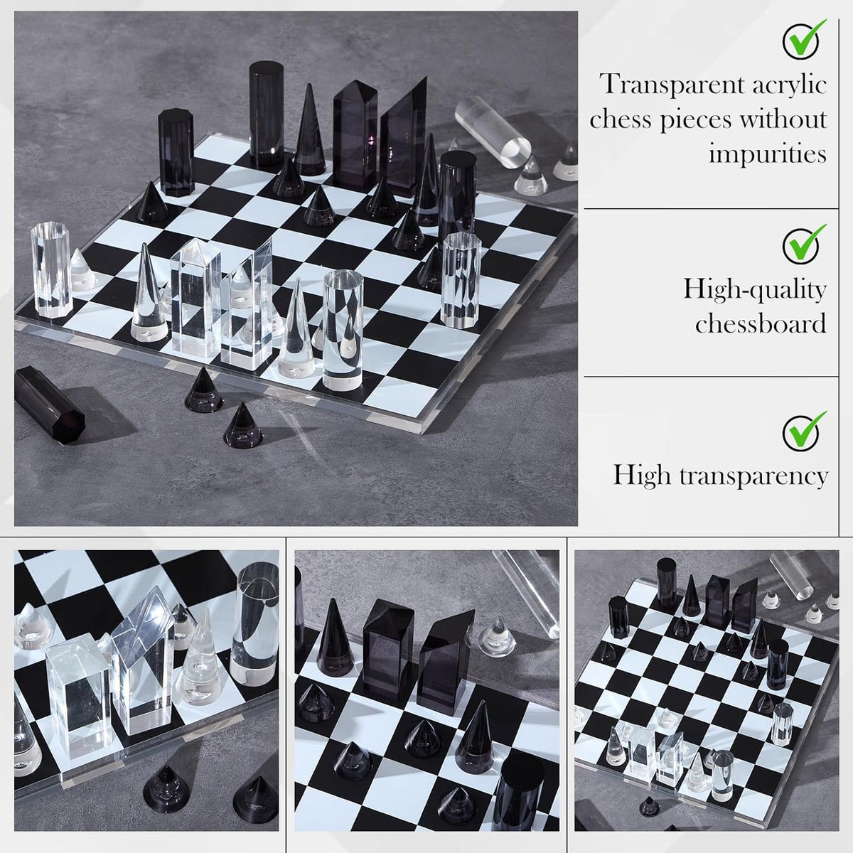 VioraWhite Acrylic Chess Set, 11.8 x 11.8 Inch Large Modern Table Chess Game Board for Adults