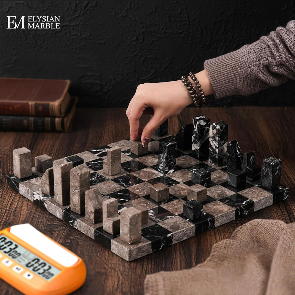 Modern Chess Set – Handcrafted Borderless Marble Chess Board with Minimalist Geometric Pieces, Luxury Decorative Chess Game for Coffee Table, Home Décor & Gifts