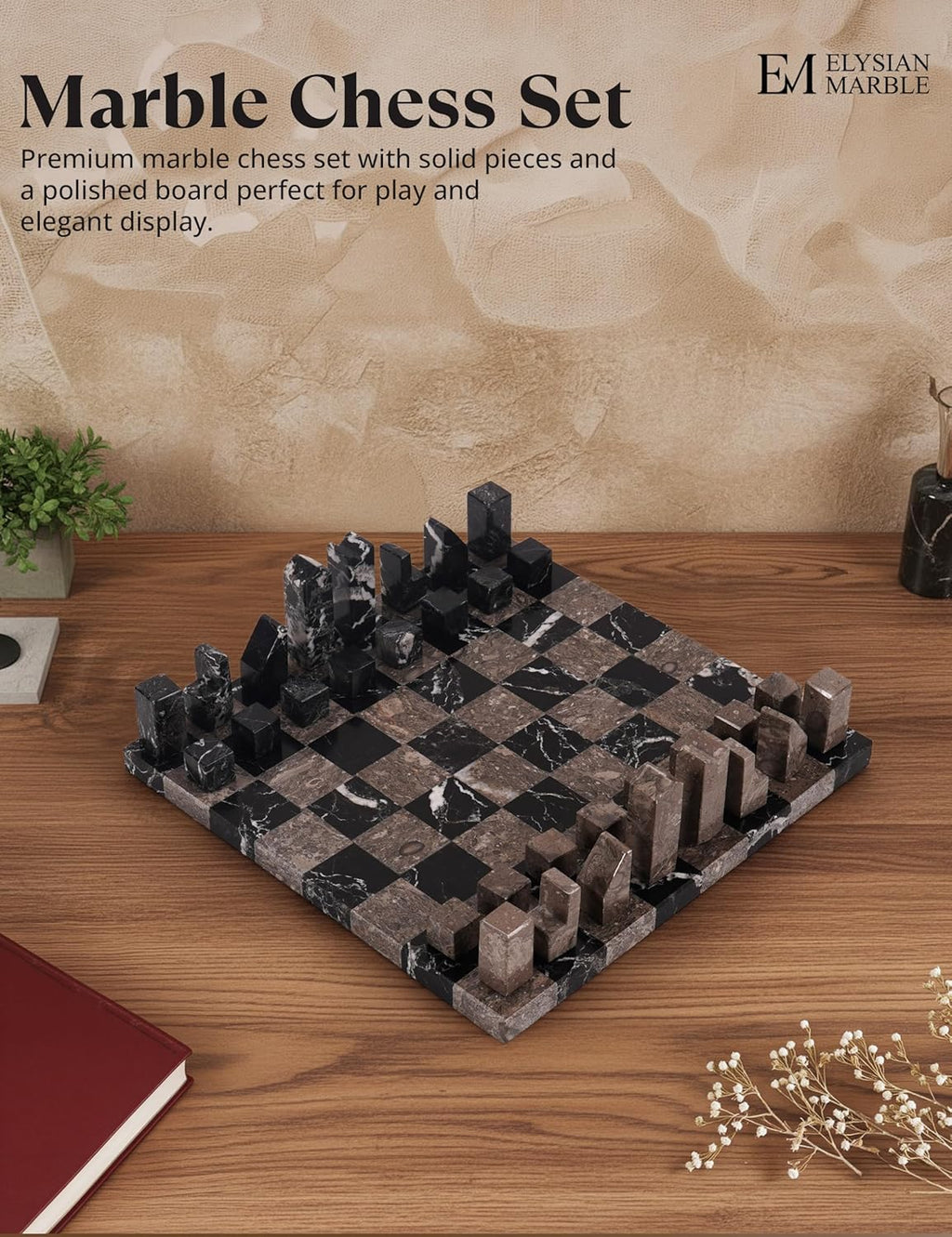 Modern Chess Set – Handcrafted Borderless Marble Chess Board with Minimalist Geometric Pieces, Luxury Decorative Chess Game for Coffee Table, Home Décor & Gifts